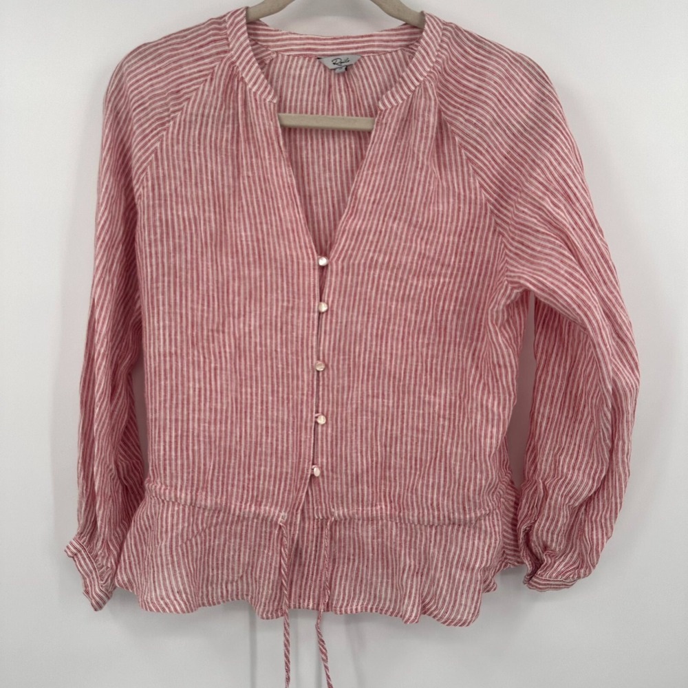 Rails Shirt Women's XS Red Marti Scarlet Striped Linen V Neck Button Peasant Top